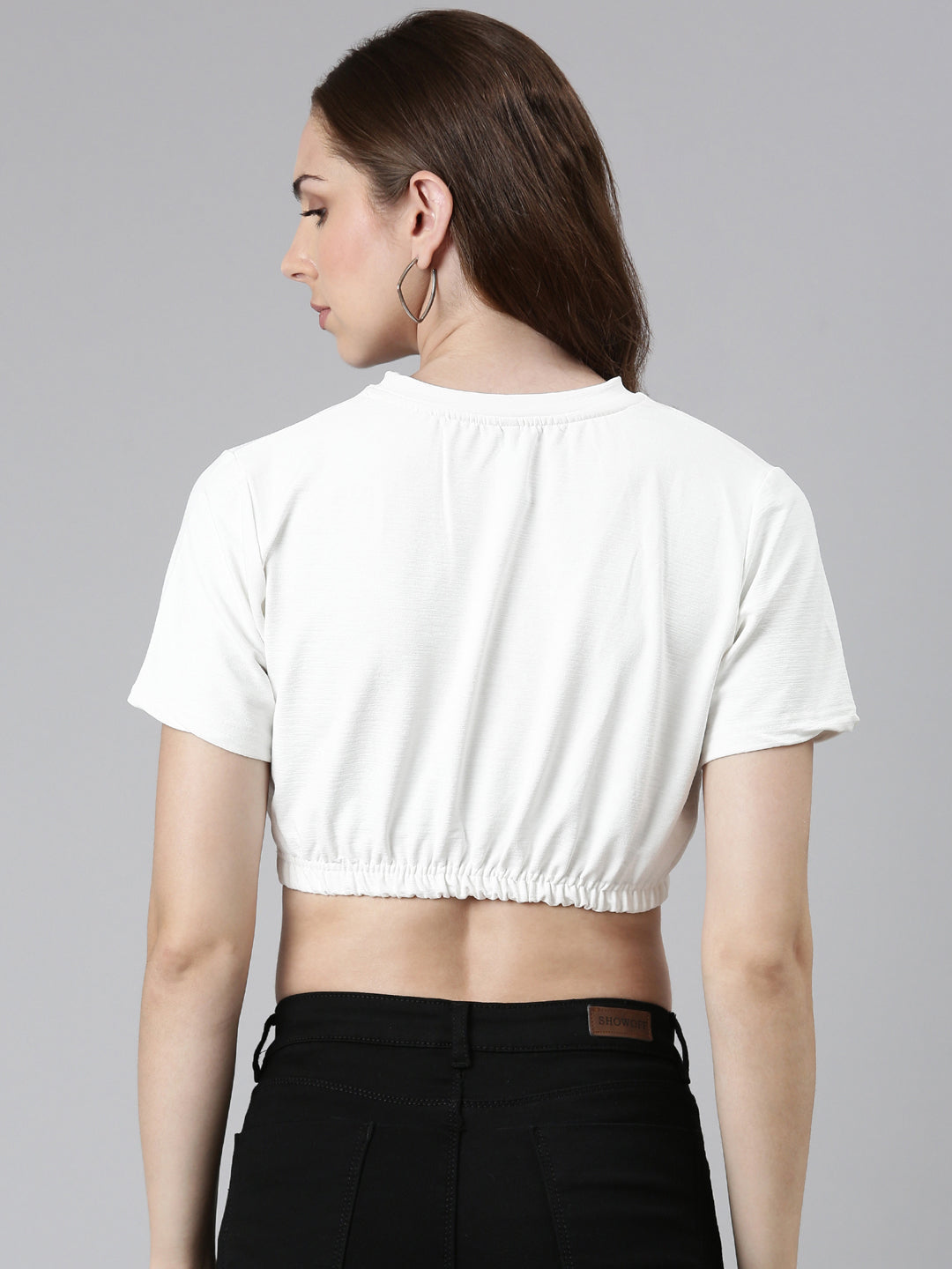 Round Neck Regular Sleeves Typography Cinched Waist White Crop Top