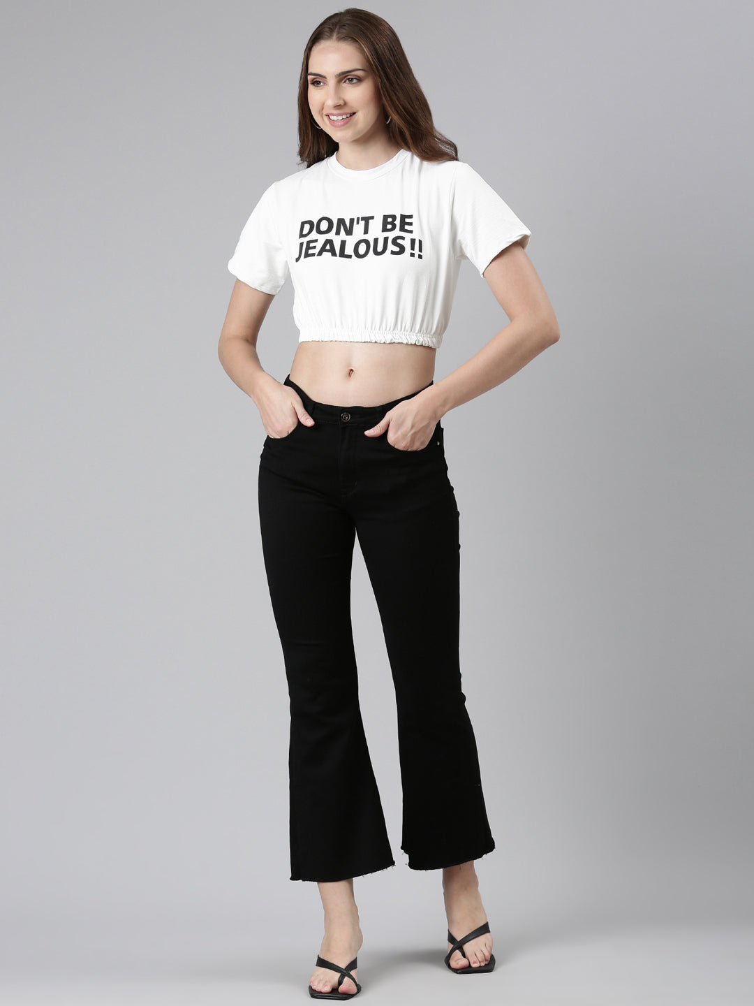 Round Neck Regular Sleeves Typography Cinched Waist White Crop Top