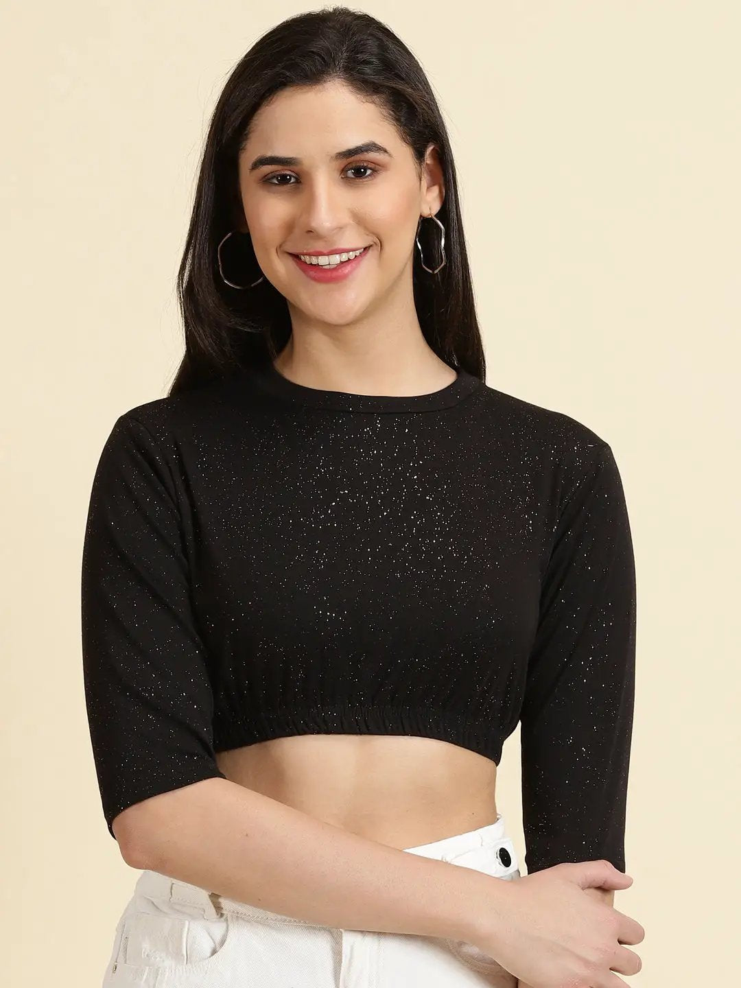 Women's Black Embellished Cinched Waist Crop Top