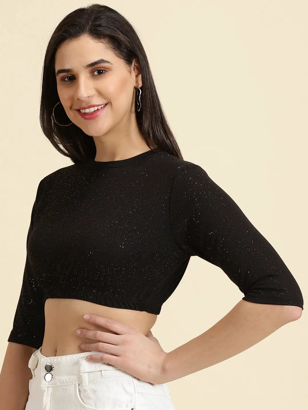 Women's Black Embellished Cinched Waist Crop Top
