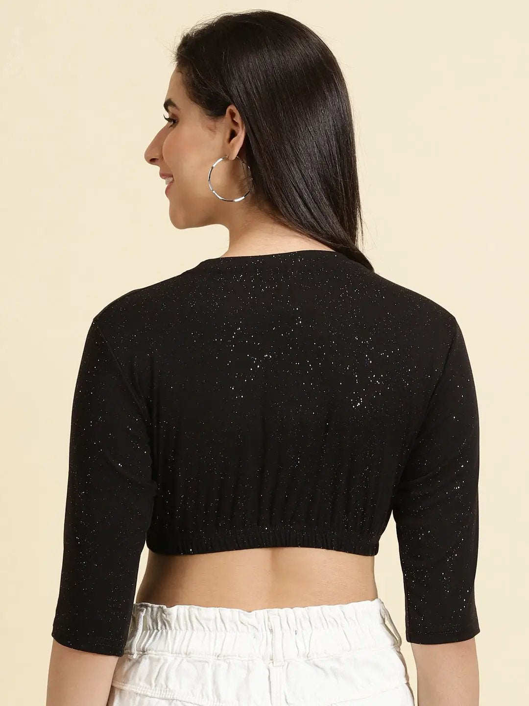 Women's Black Embellished Cinched Waist Crop Top