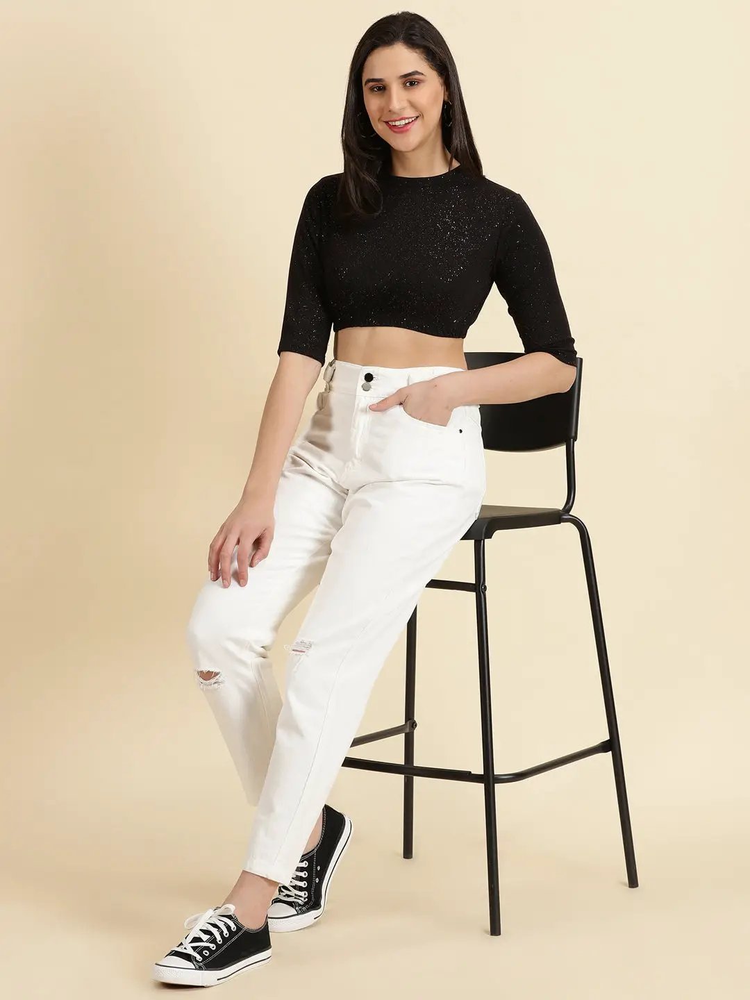 Women's Black Embellished Cinched Waist Crop Top