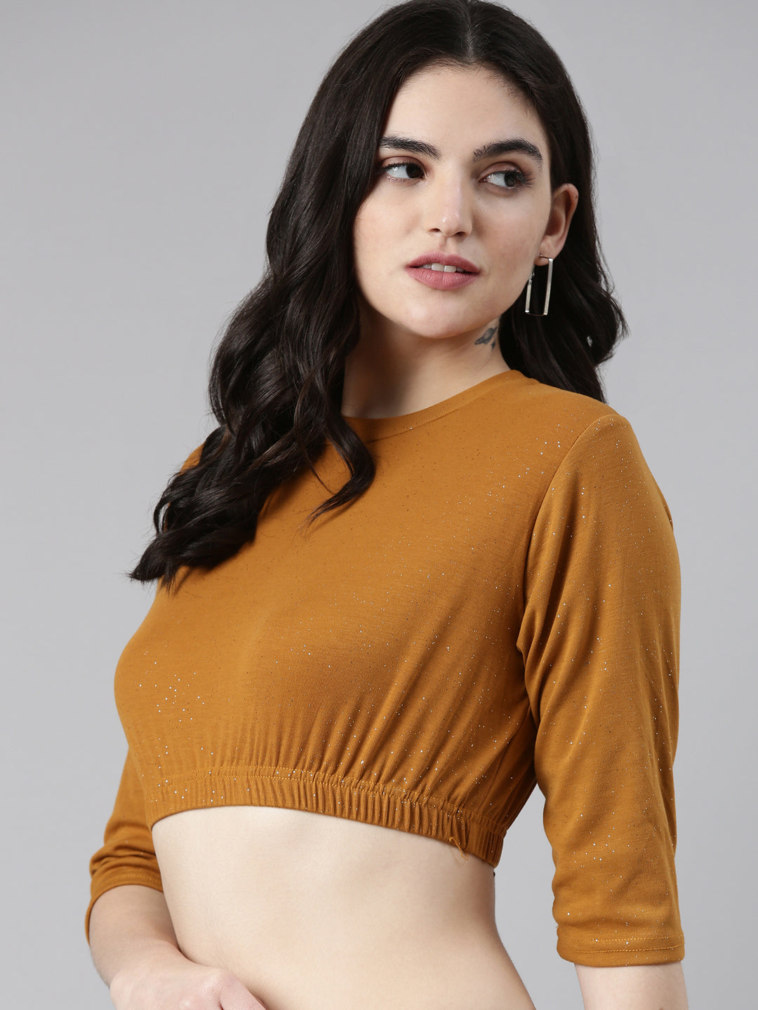 Round Neck Regular Sleeves Embellished Cinched Waist Mustard Crop Top