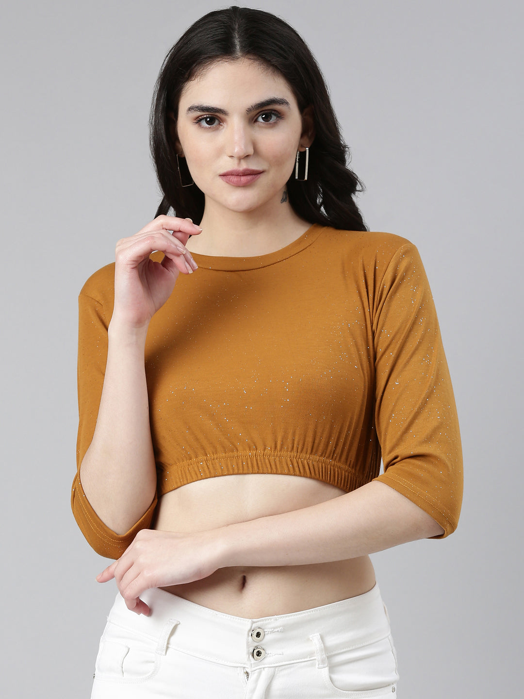 Women Round Neck Regular Sleeves Embellished Cinched Waist Mustard Crop Top