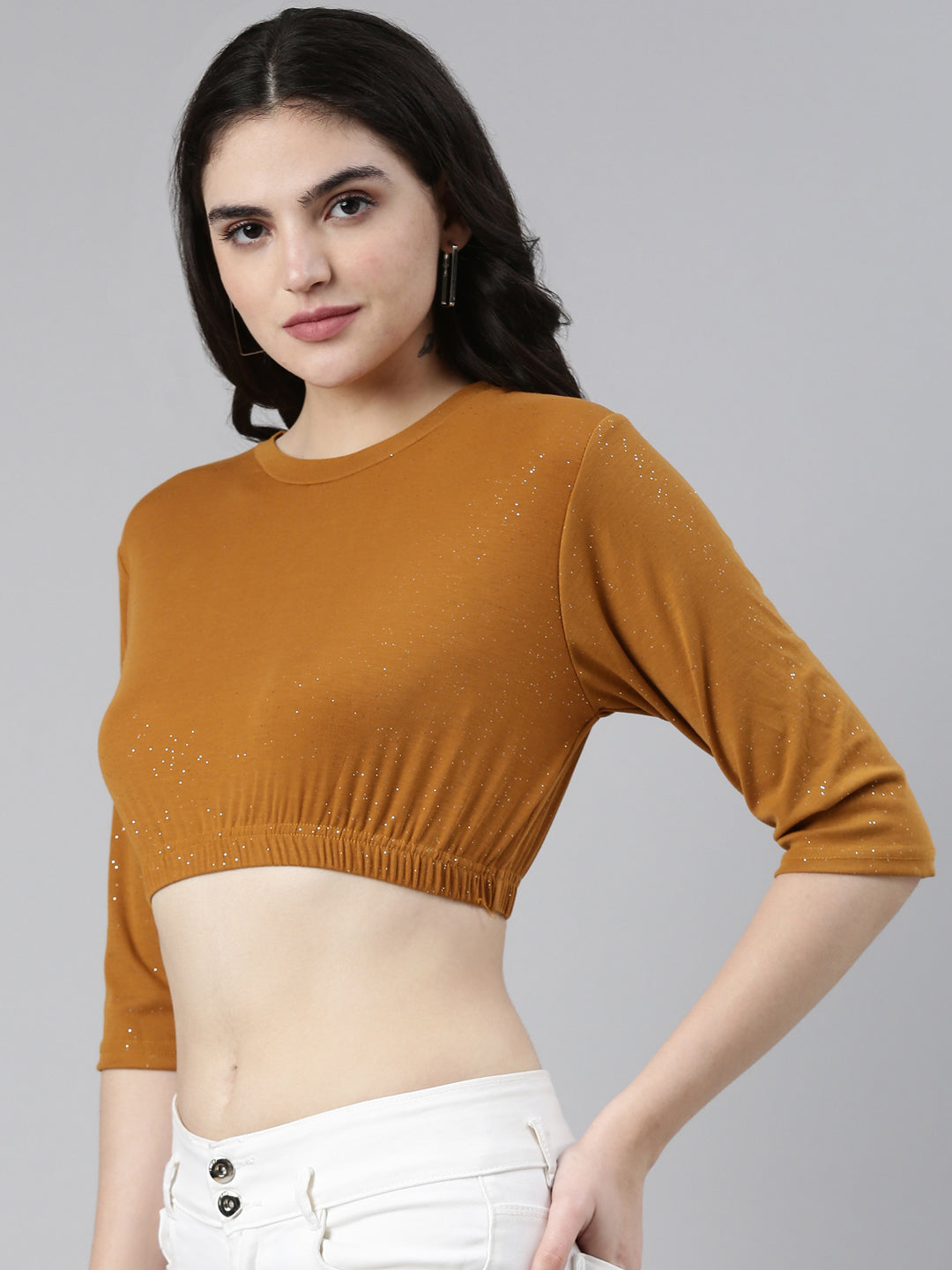 Round Neck Regular Sleeves Embellished Cinched Waist Mustard Crop Top