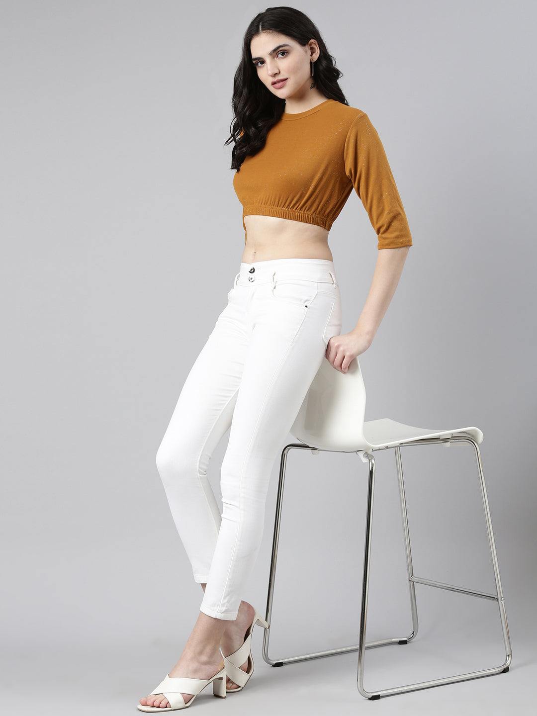 Round Neck Regular Sleeves Embellished Cinched Waist Mustard Crop Top