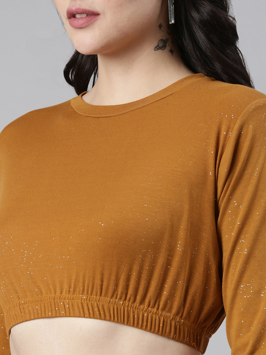 Round Neck Regular Sleeves Embellished Cinched Waist Mustard Crop Top