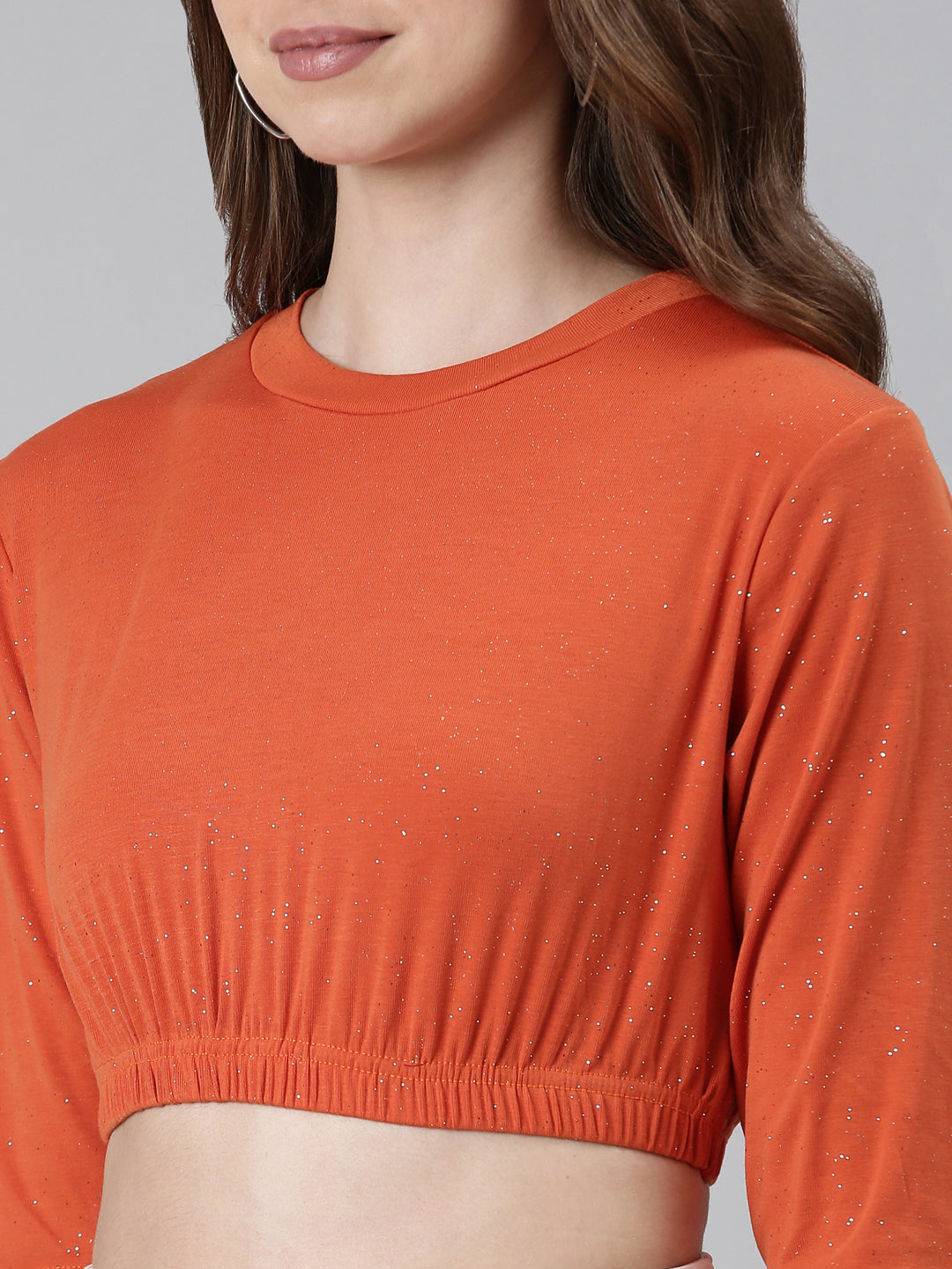 Round Neck Regular Sleeves Embellished Cinched Waist Orange Crop Top