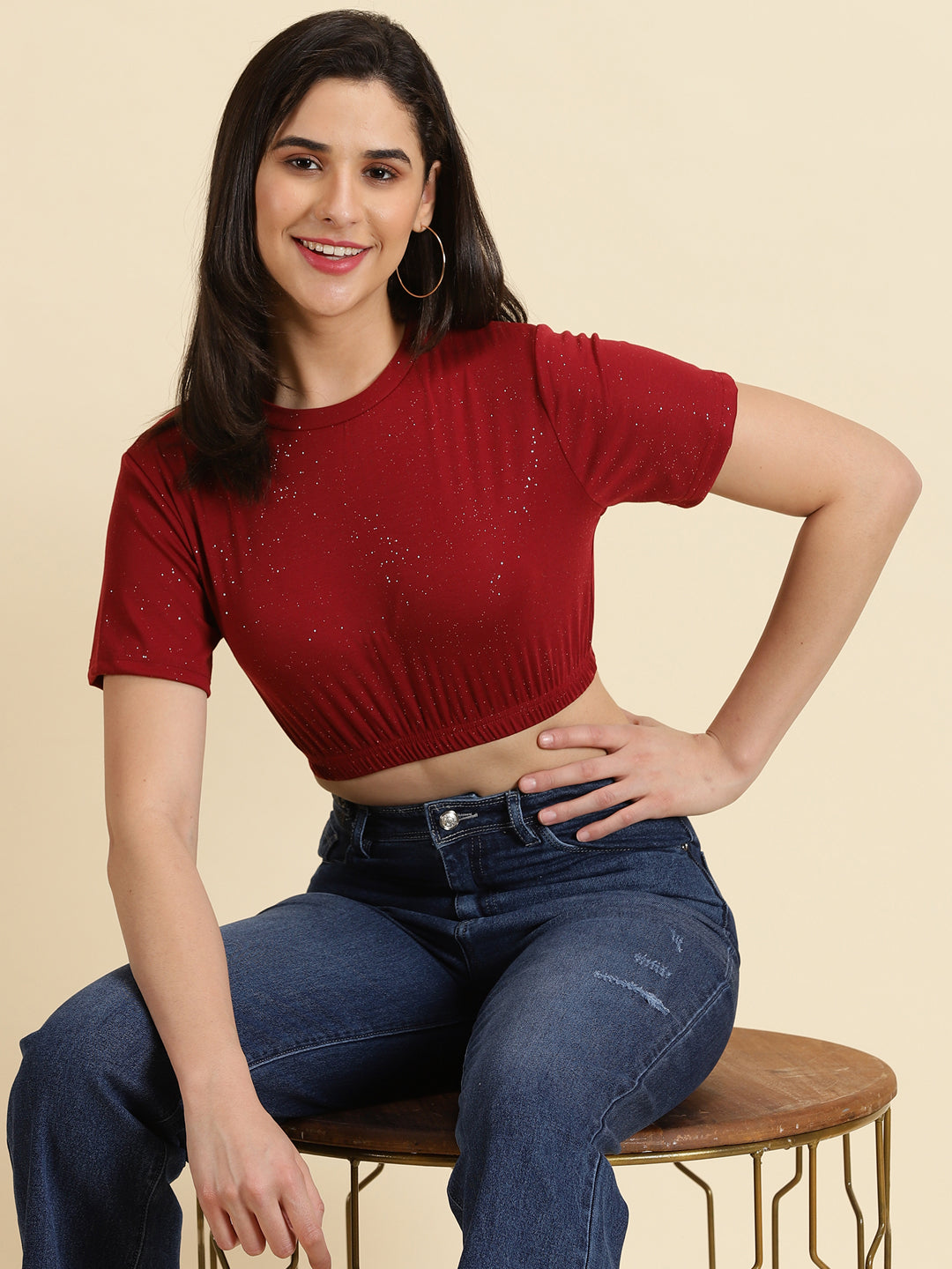 Women's Maroon Embellished Cinched Waist Crop Top