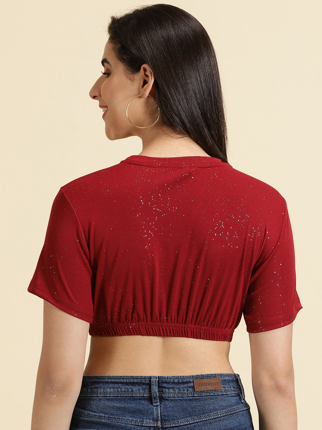 Women's Maroon Embellished Cinched Waist Crop Top