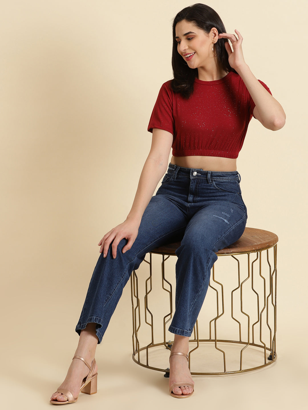 Women's Maroon Embellished Cinched Waist Crop Top