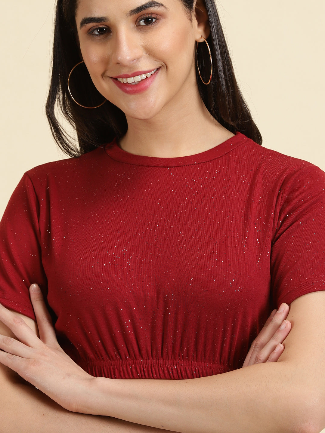 Women's Maroon Embellished Cinched Waist Crop Top