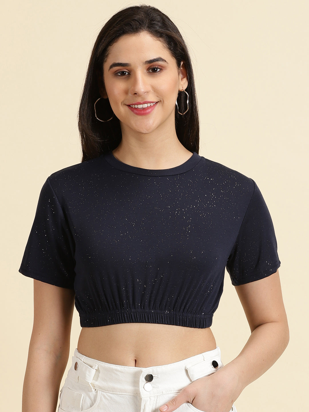 Women's Navy Blue Embellished Cinched Waist Crop Top