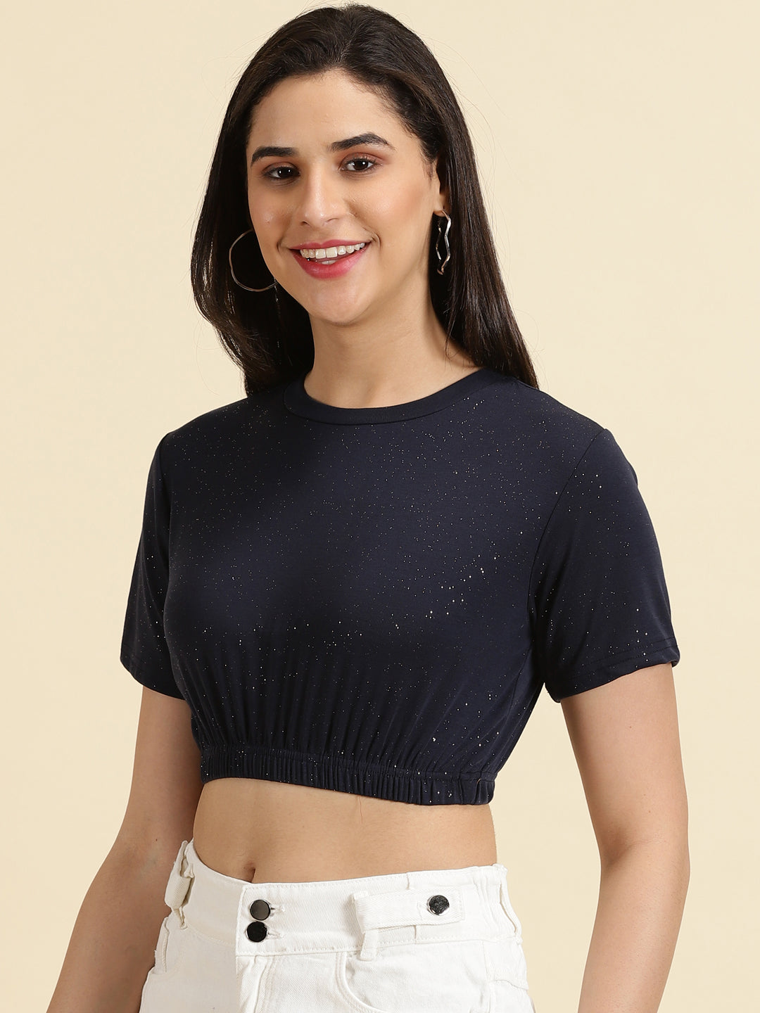 Women's Navy Blue Embellished Cinched Waist Crop Top