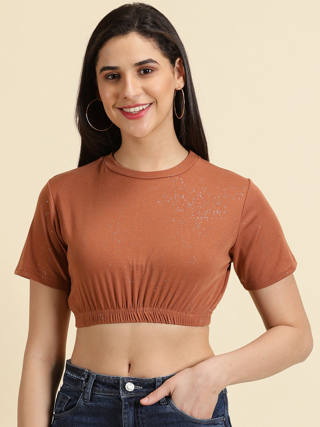 Women's Rust Embellished Cinched Waist Crop Top