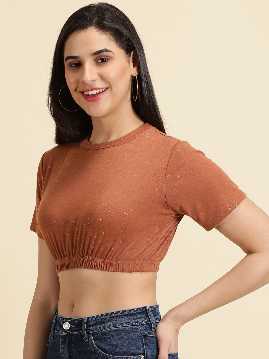 Women's Rust Embellished Cinched Waist Crop Top