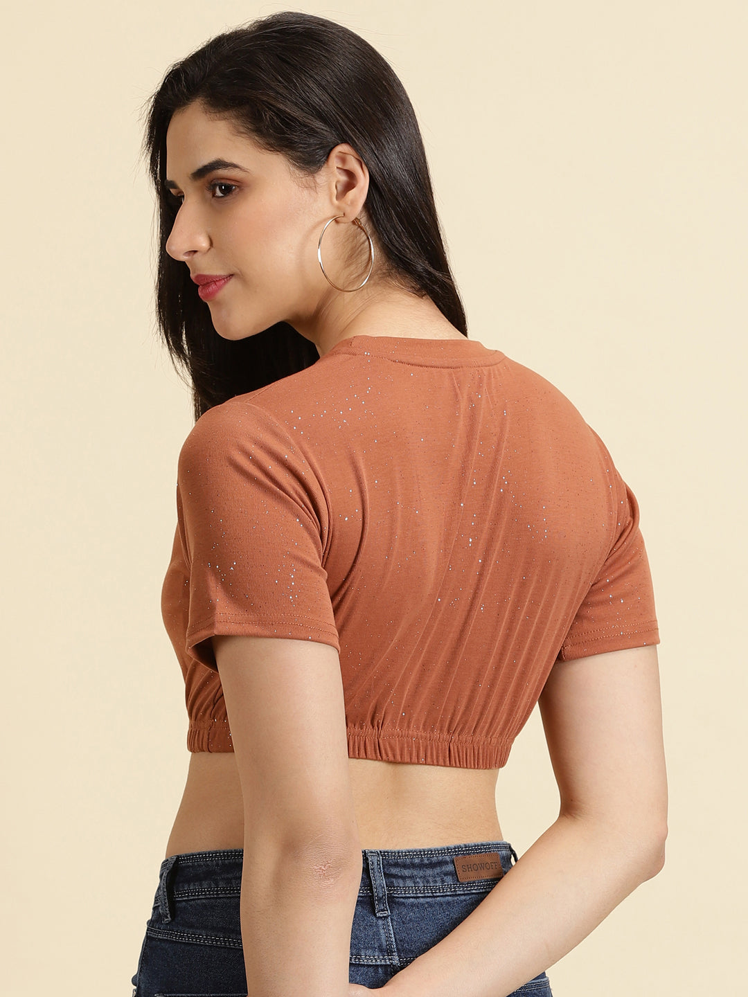 Women's Rust Embellished Cinched Waist Crop Top