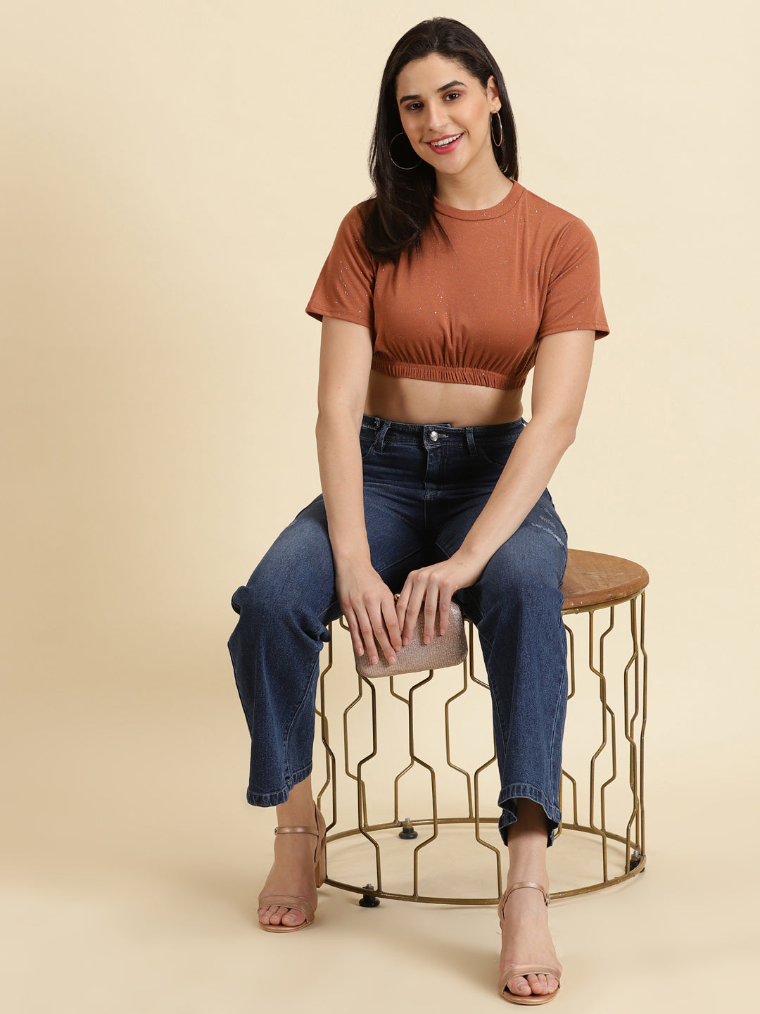 Women's Rust Embellished Cinched Waist Crop Top