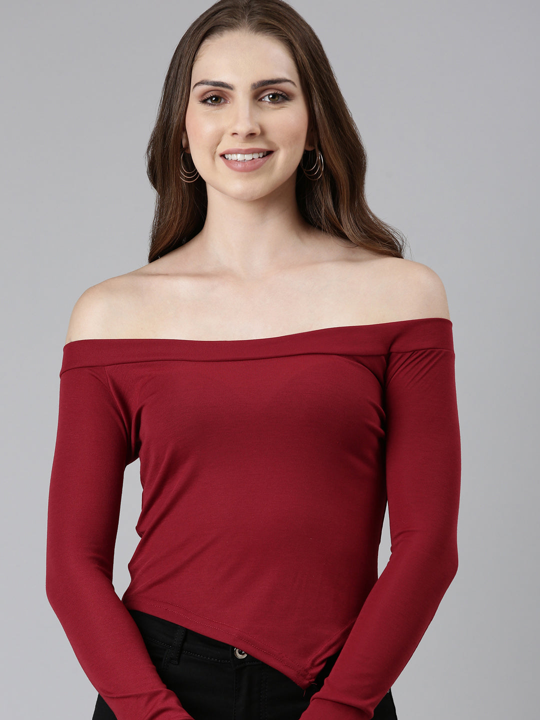 Women Off-Shoulder Regular Sleeves Solid Maroon Crop Top