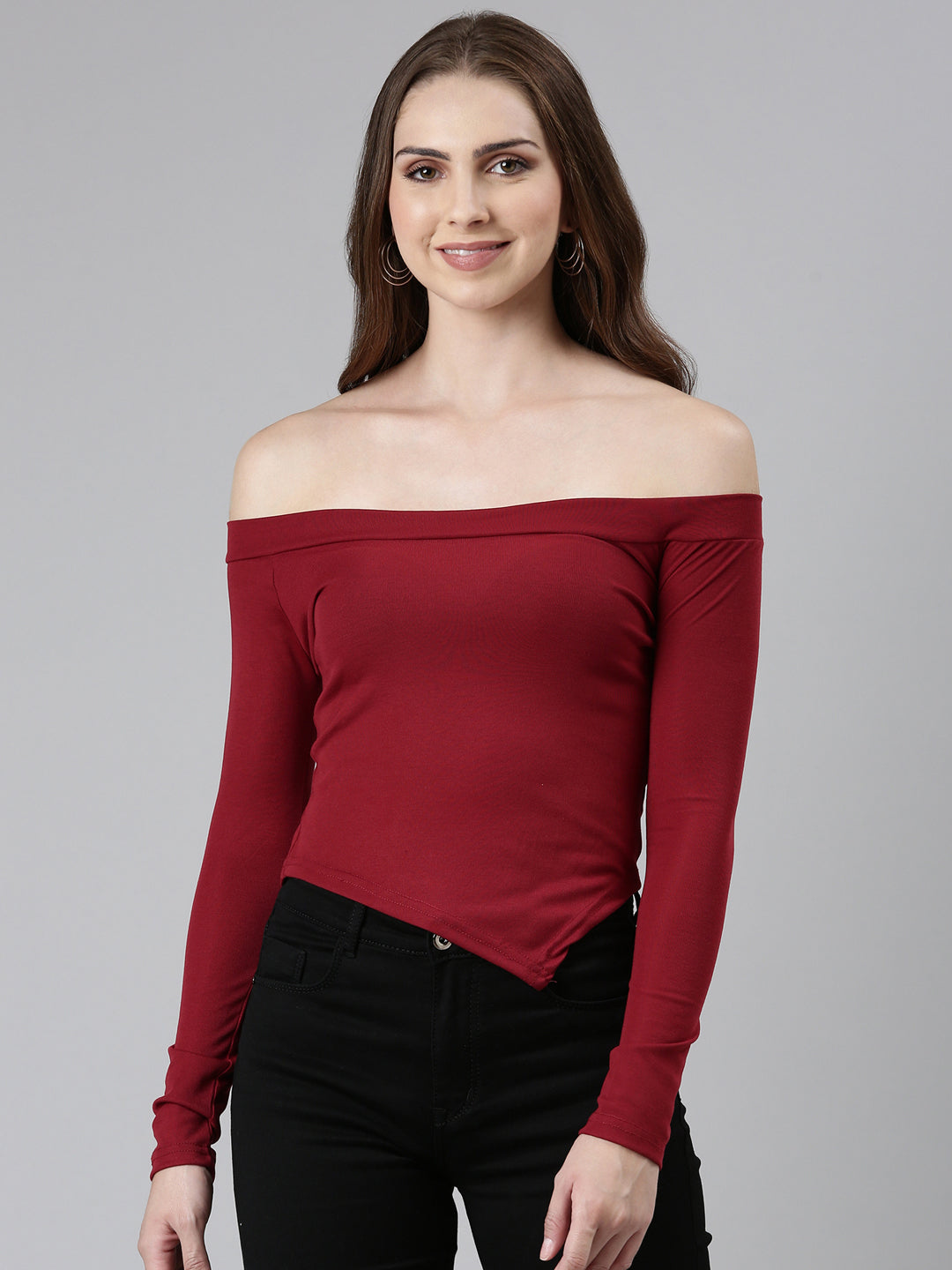 Women Off-Shoulder Regular Sleeves Solid Maroon Crop Top