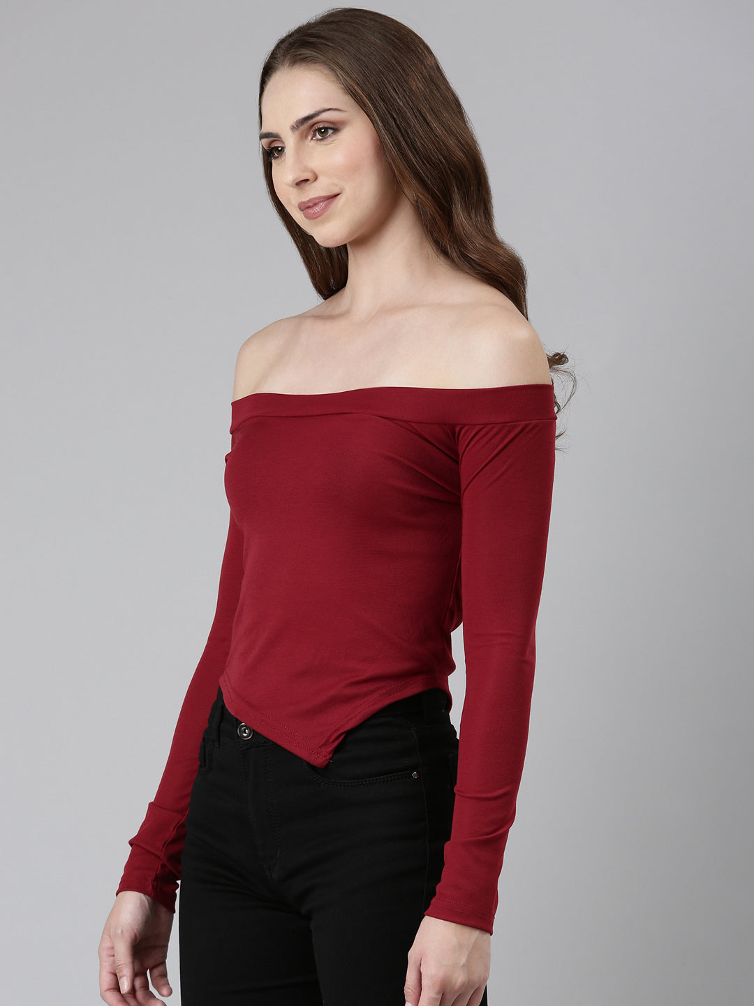 Women Off-Shoulder Regular Sleeves Solid Maroon Crop Top