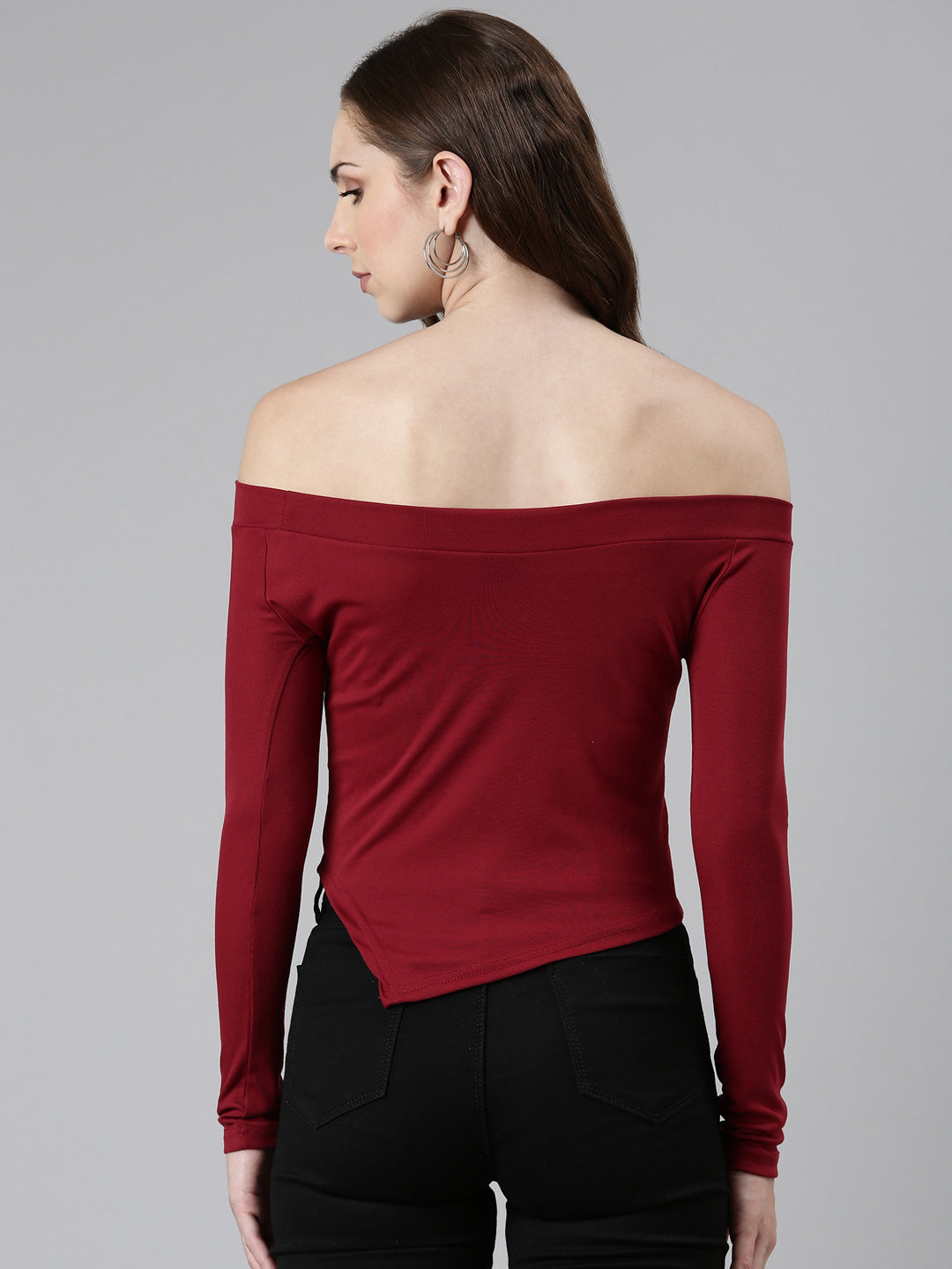 Women Off-Shoulder Regular Sleeves Solid Maroon Crop Top