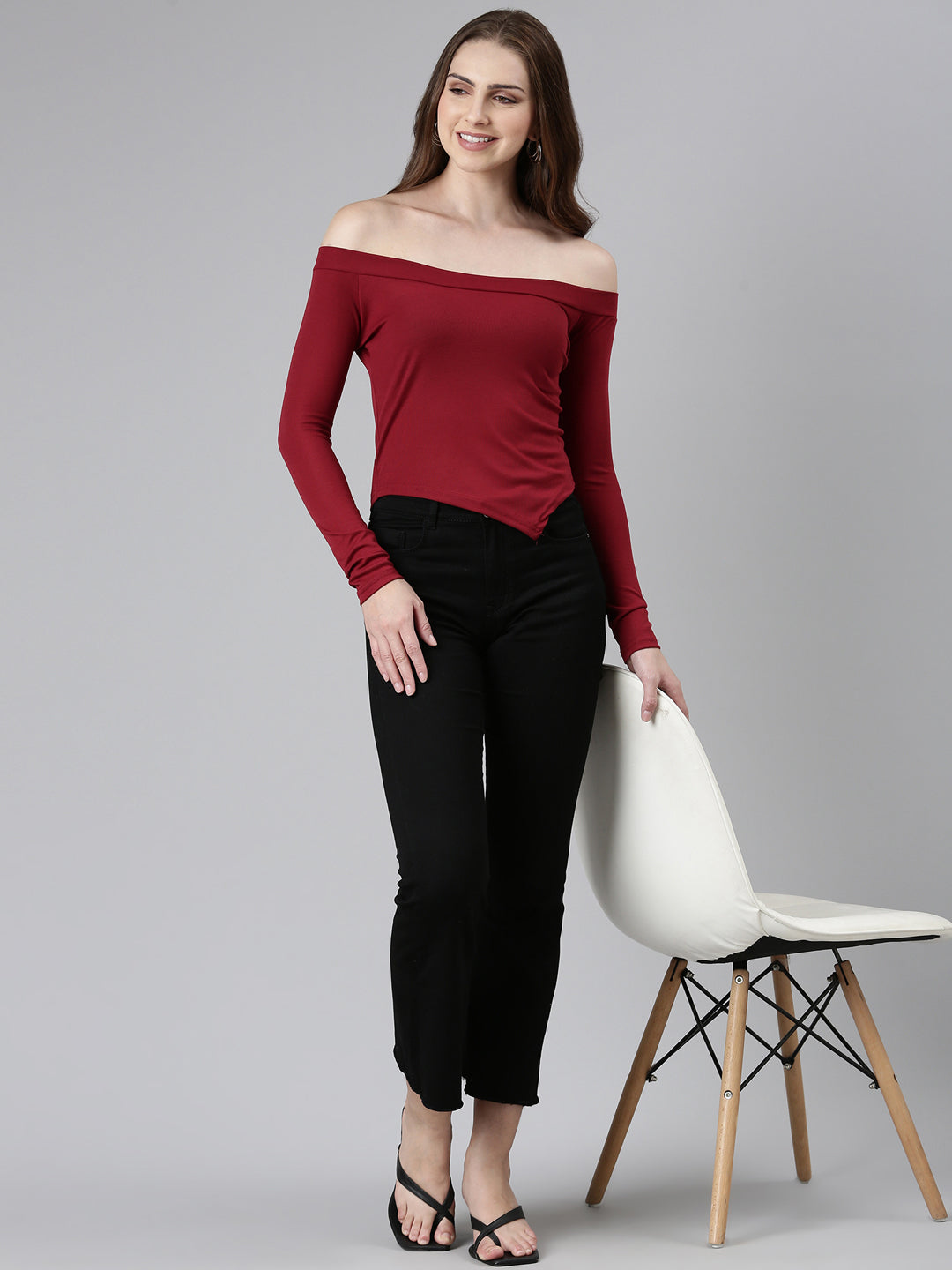 Women Off-Shoulder Regular Sleeves Solid Maroon Crop Top