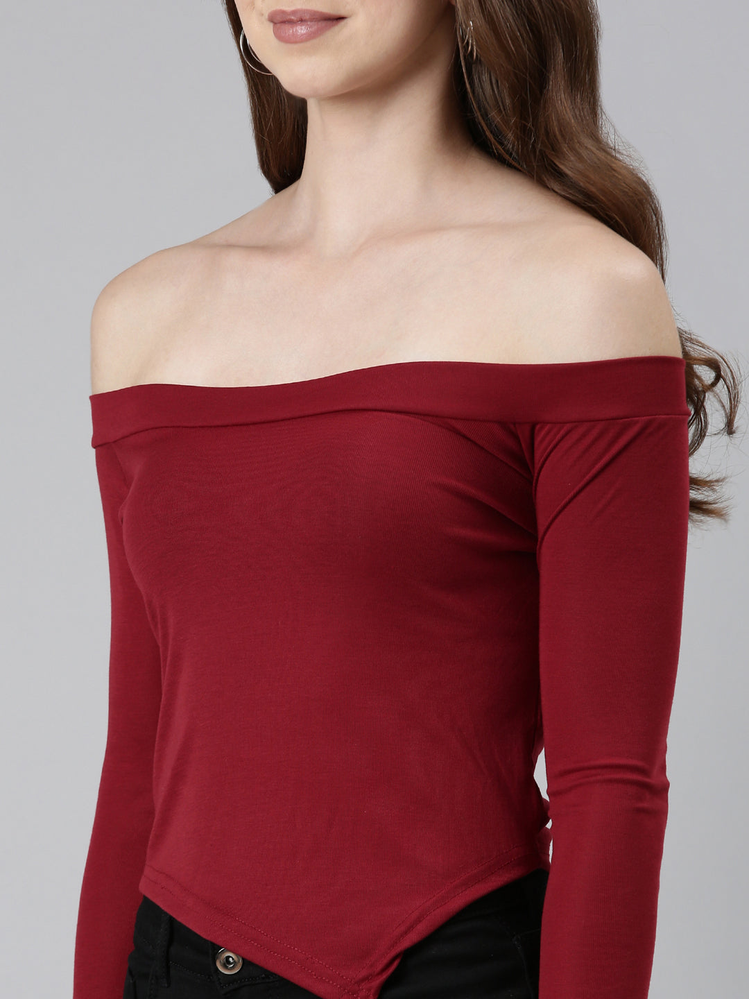 Women Off-Shoulder Regular Sleeves Solid Maroon Crop Top