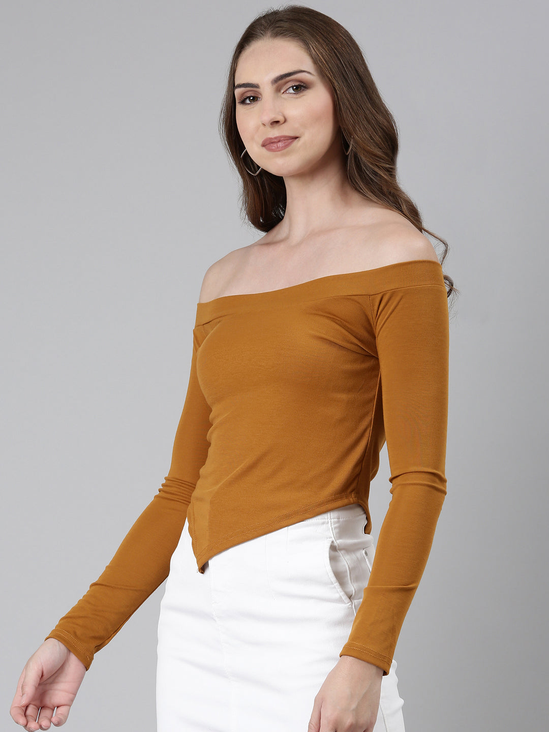 Off-Shoulder Regular Sleeves Solid Mustard Crop Top