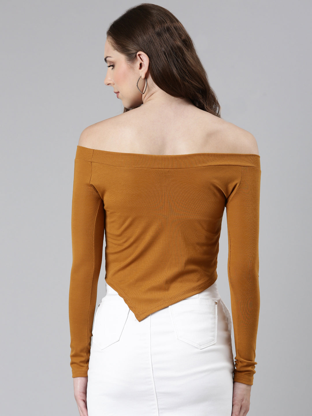 Off-Shoulder Regular Sleeves Solid Mustard Crop Top