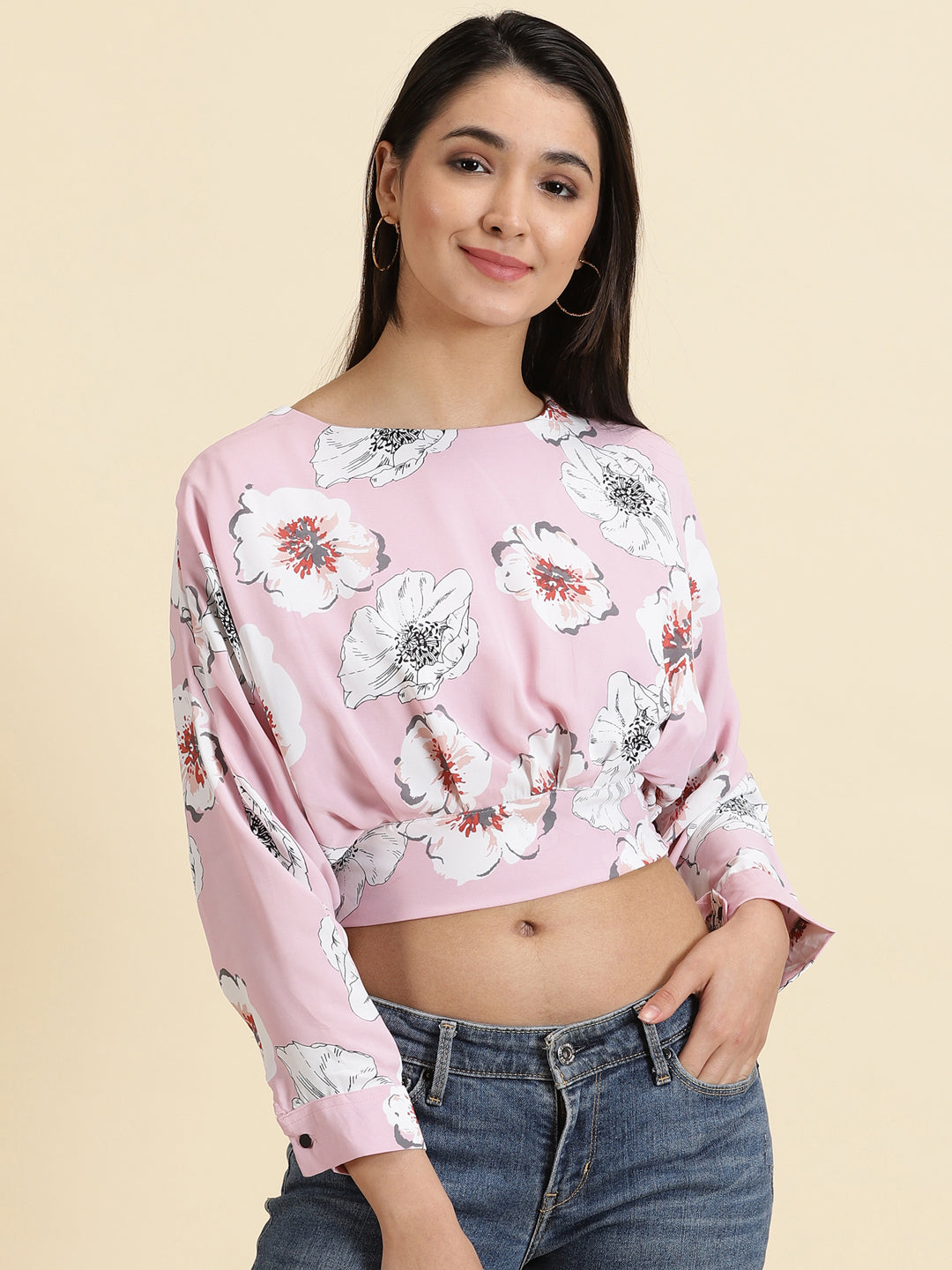 Women's Pink Printed Styled Back Crop Top