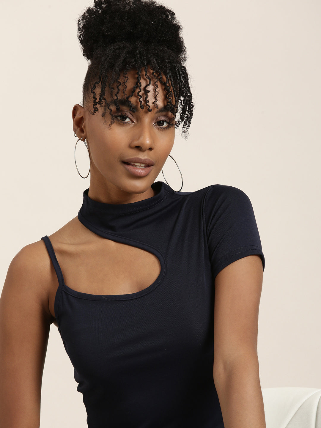 Women Navy Blue Solid Styled Back Top