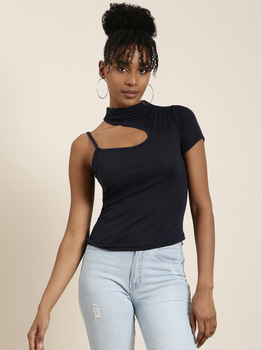 Women Navy Blue Solid Styled Back Top