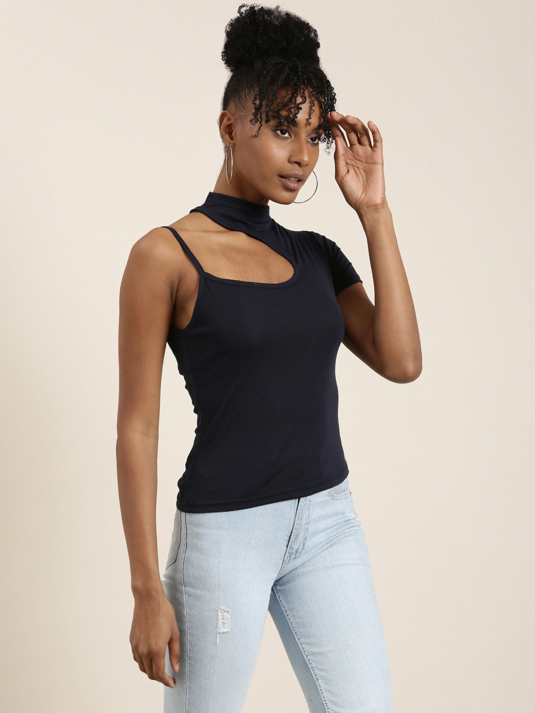 Women Navy Blue Solid Styled Back Top