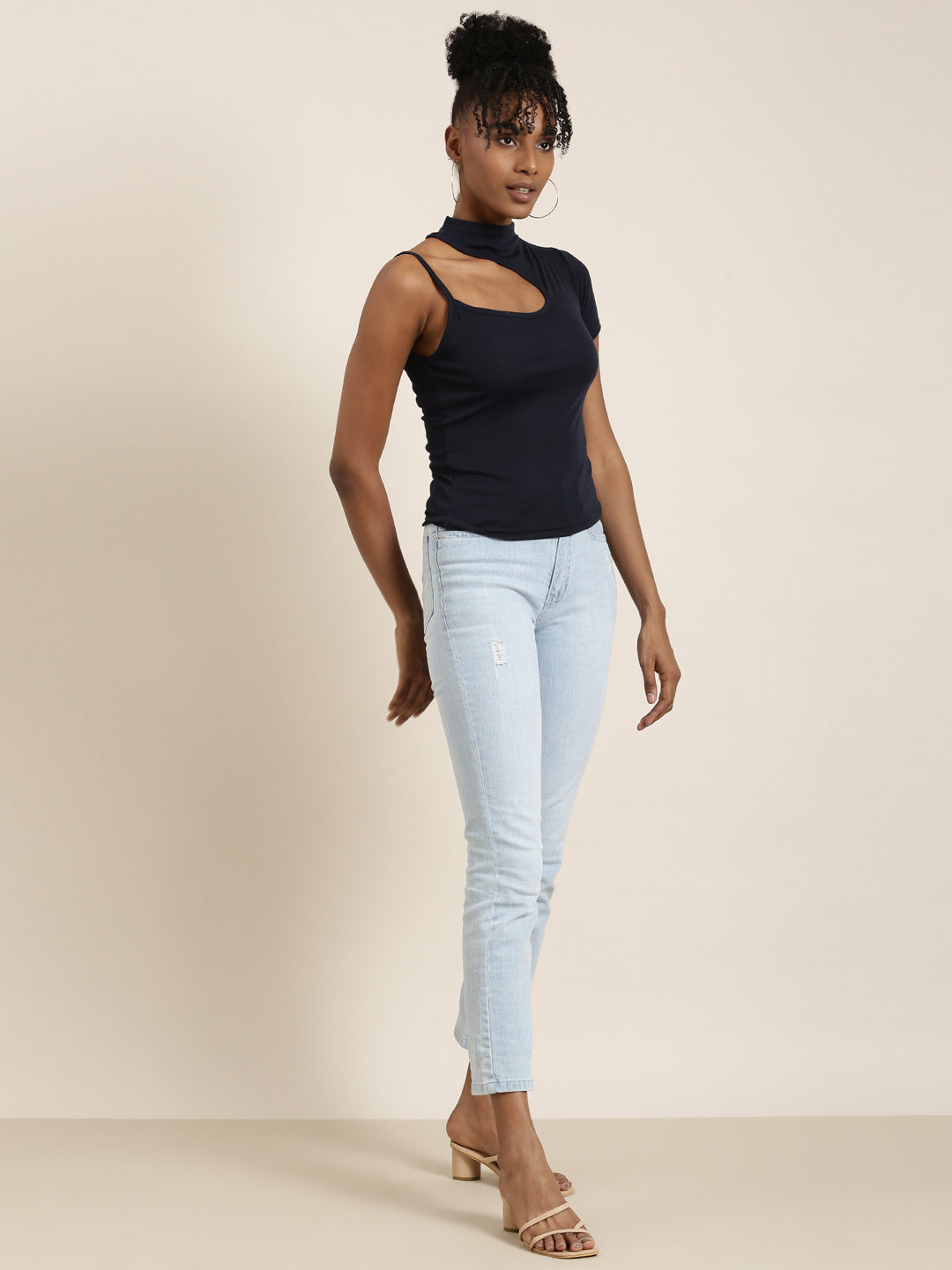 Women Navy Blue Solid Styled Back Top