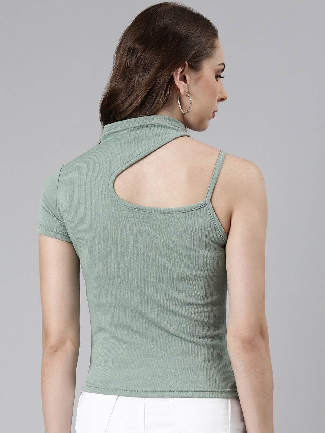 High Neck Regular Sleeves Solid Sea Green Regular Top