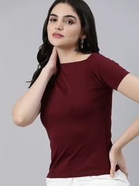 Women's Red Acrylic Boat Neck Knitted Top