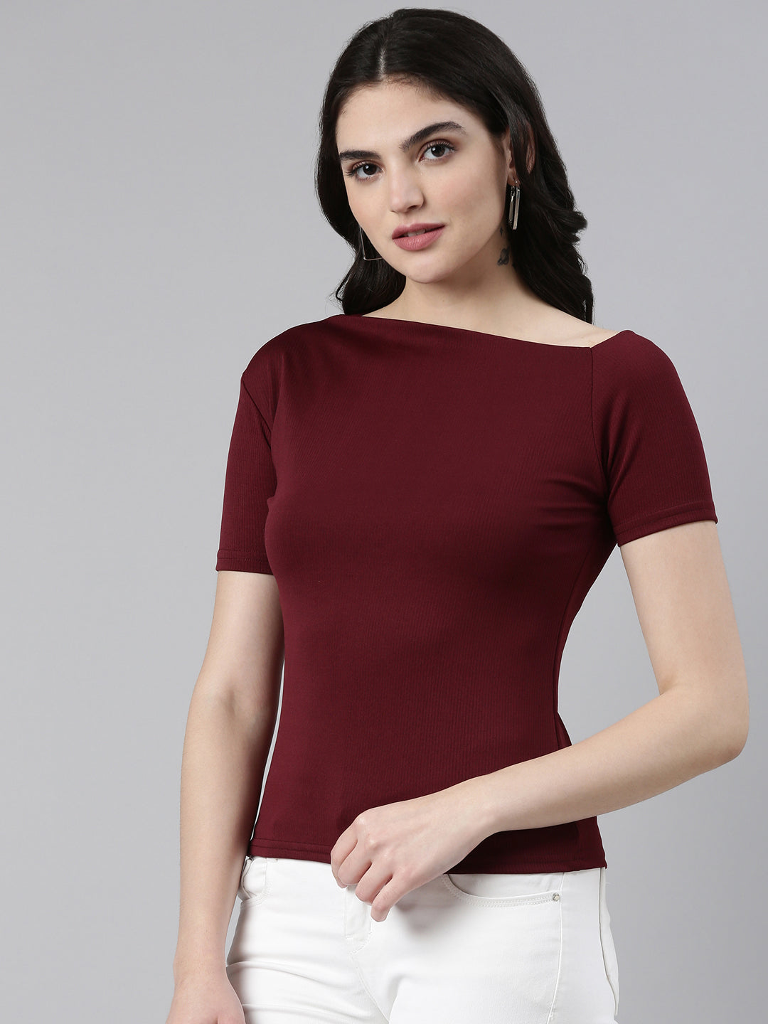 Boat Neck Solid Burgundy Regular Top