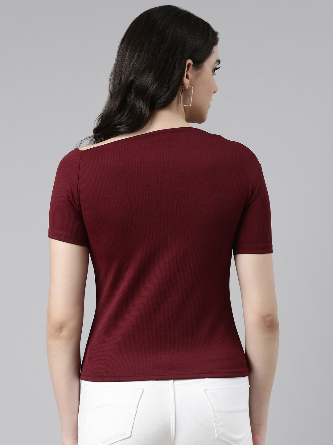 Boat Neck Solid Burgundy Regular Top