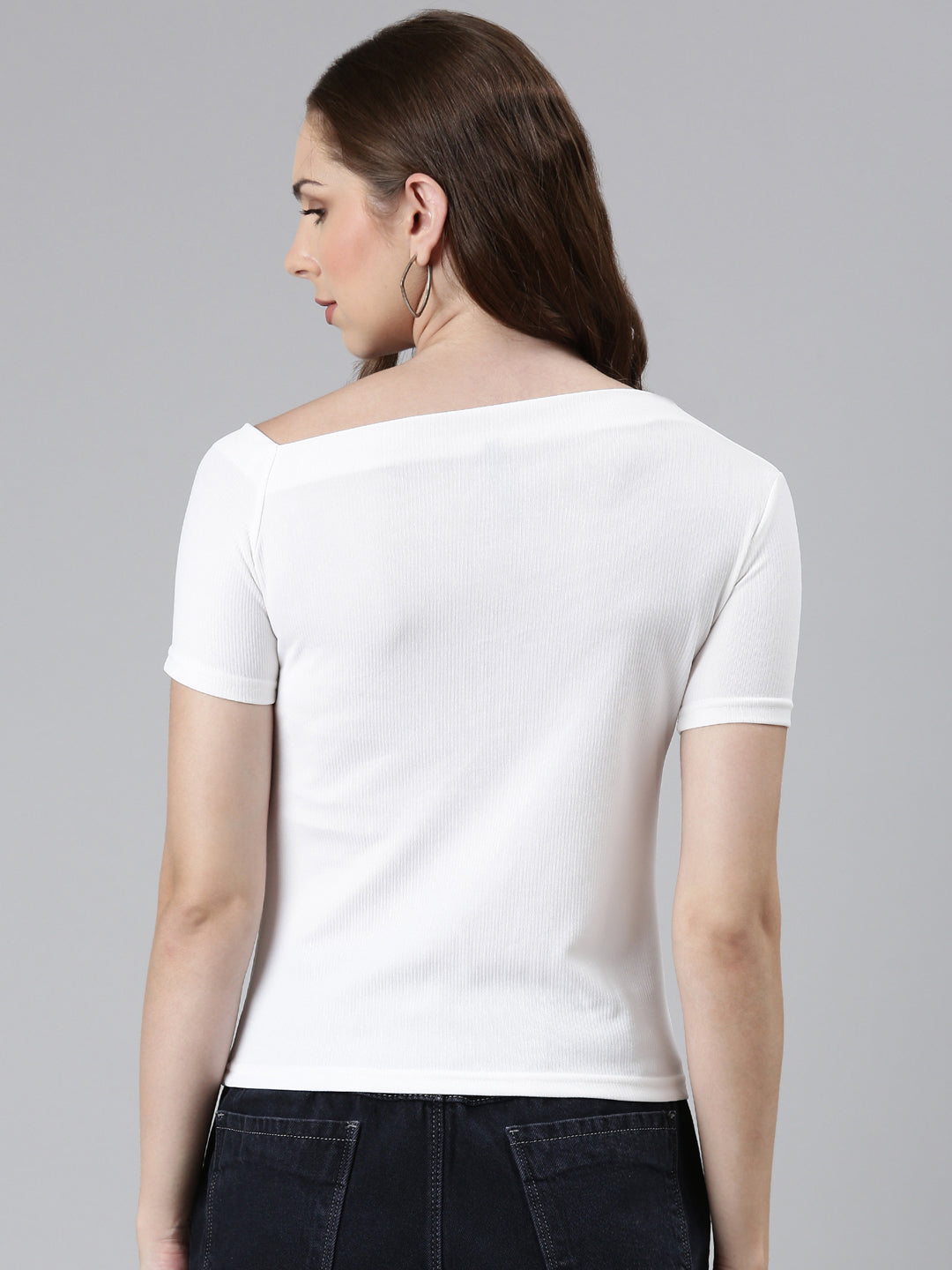 Boat Neck Solid White Regular Top