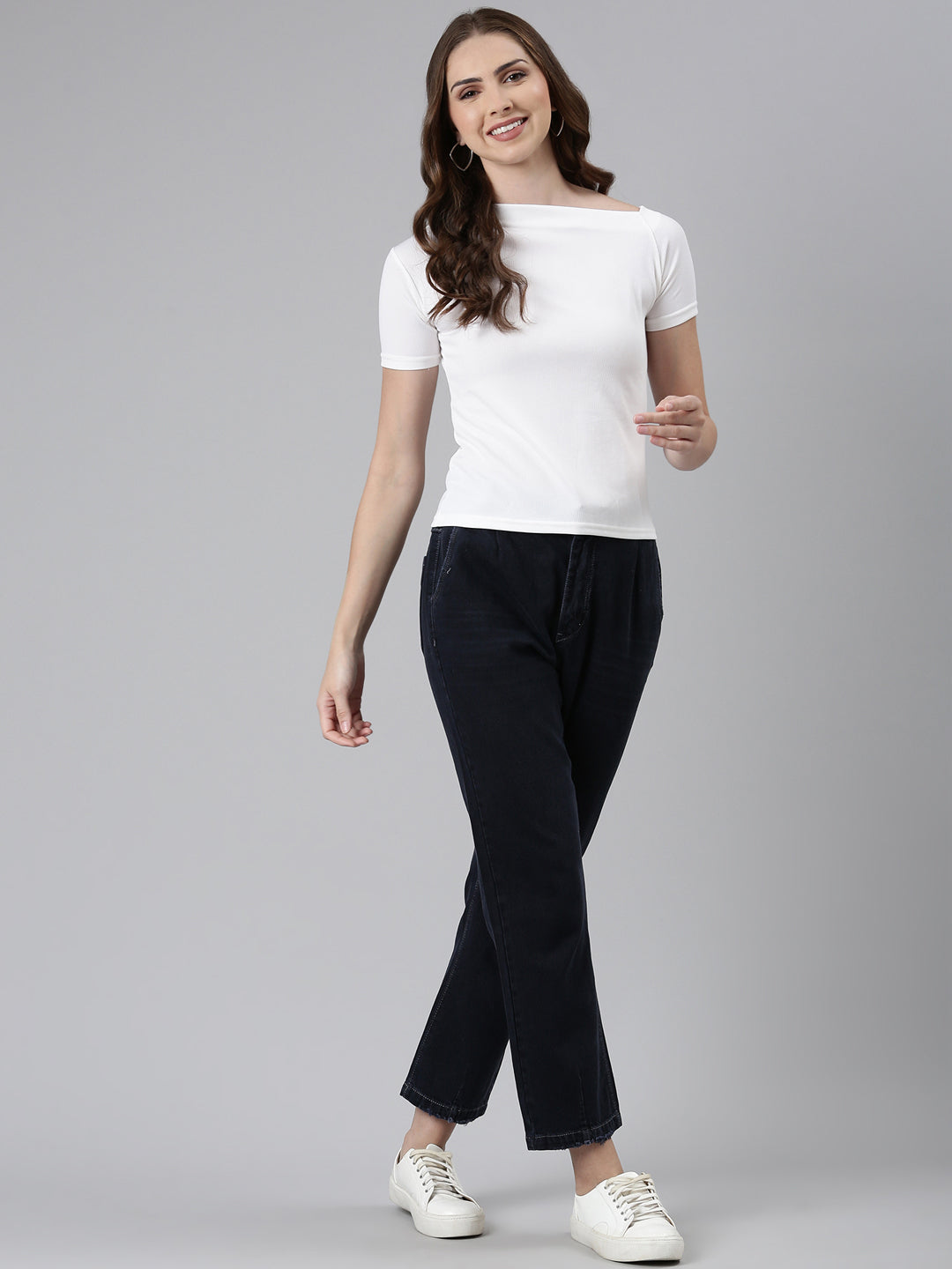 Boat Neck Solid White Regular Top