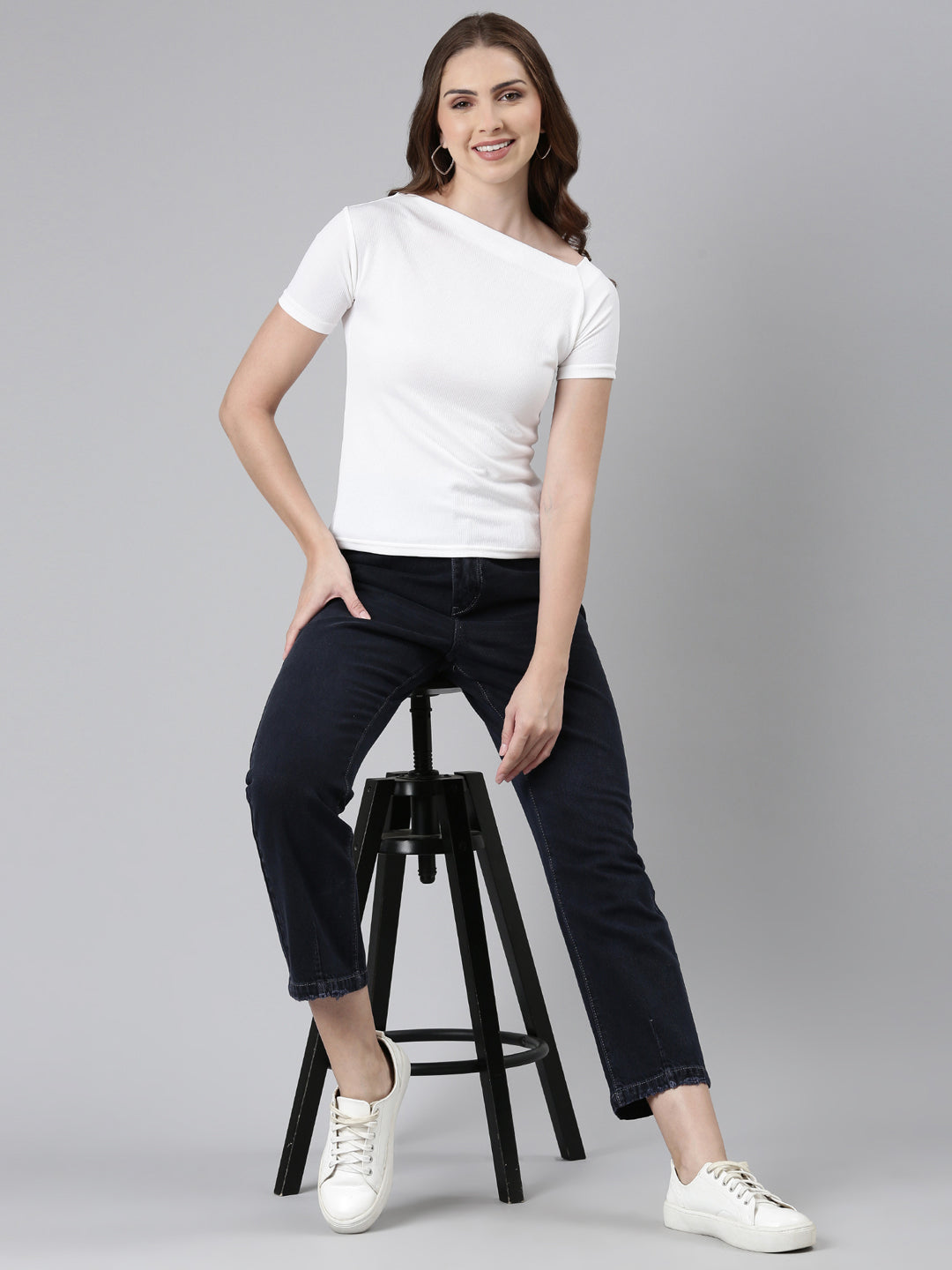 Boat Neck Solid White Regular Top