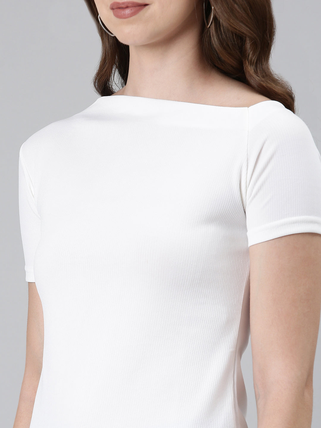 Boat Neck Solid White Regular Top