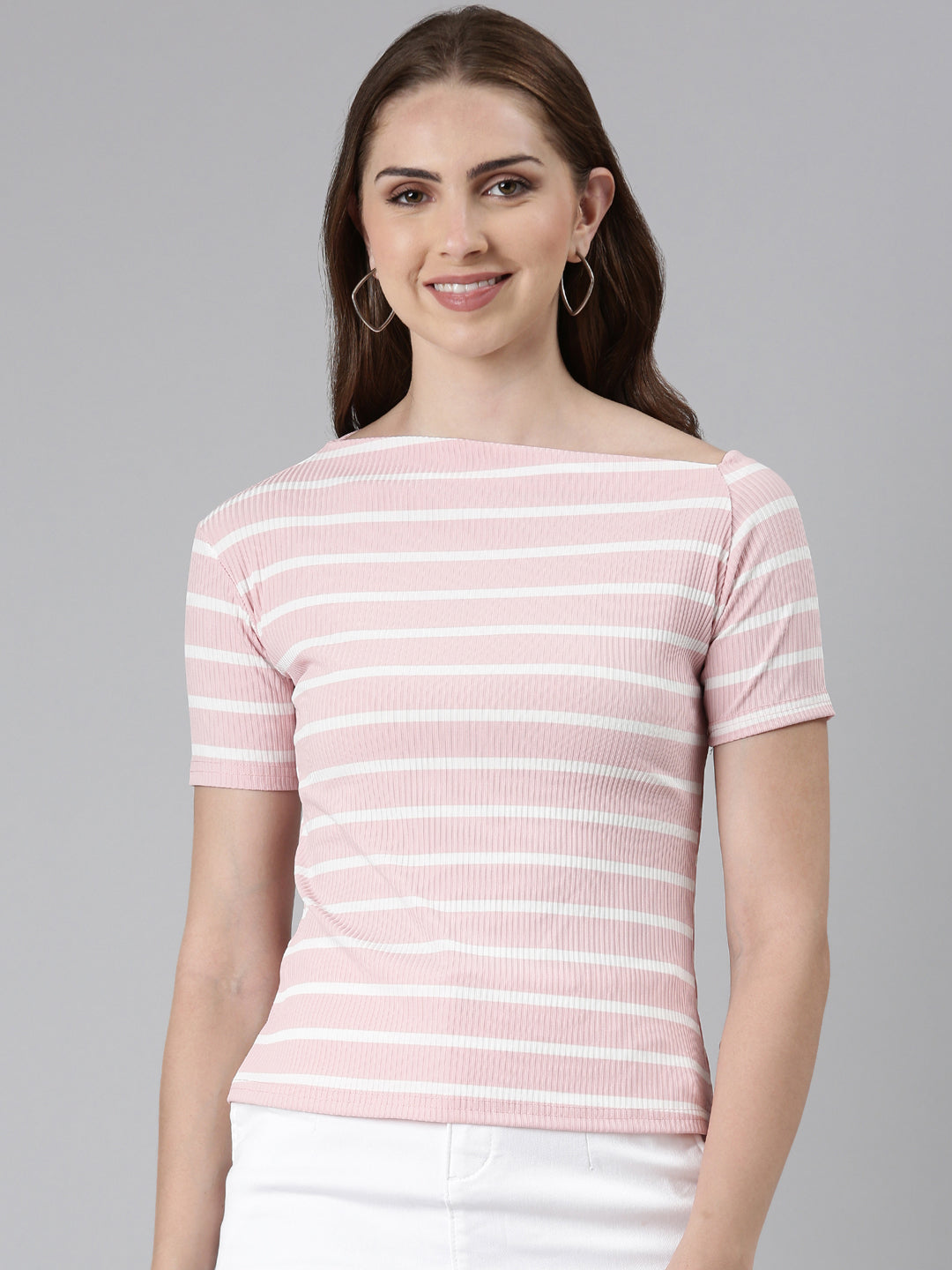 Women Boat Neck Regular Sleeves Horizontal Stripes Pink Regular Top