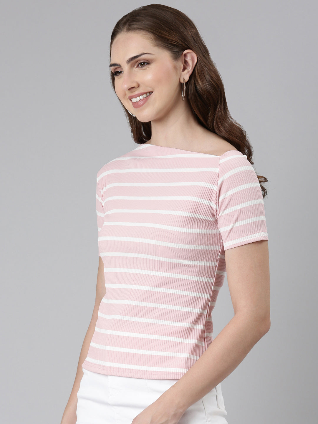 Women Boat Neck Regular Sleeves Horizontal Stripes Pink Regular Top