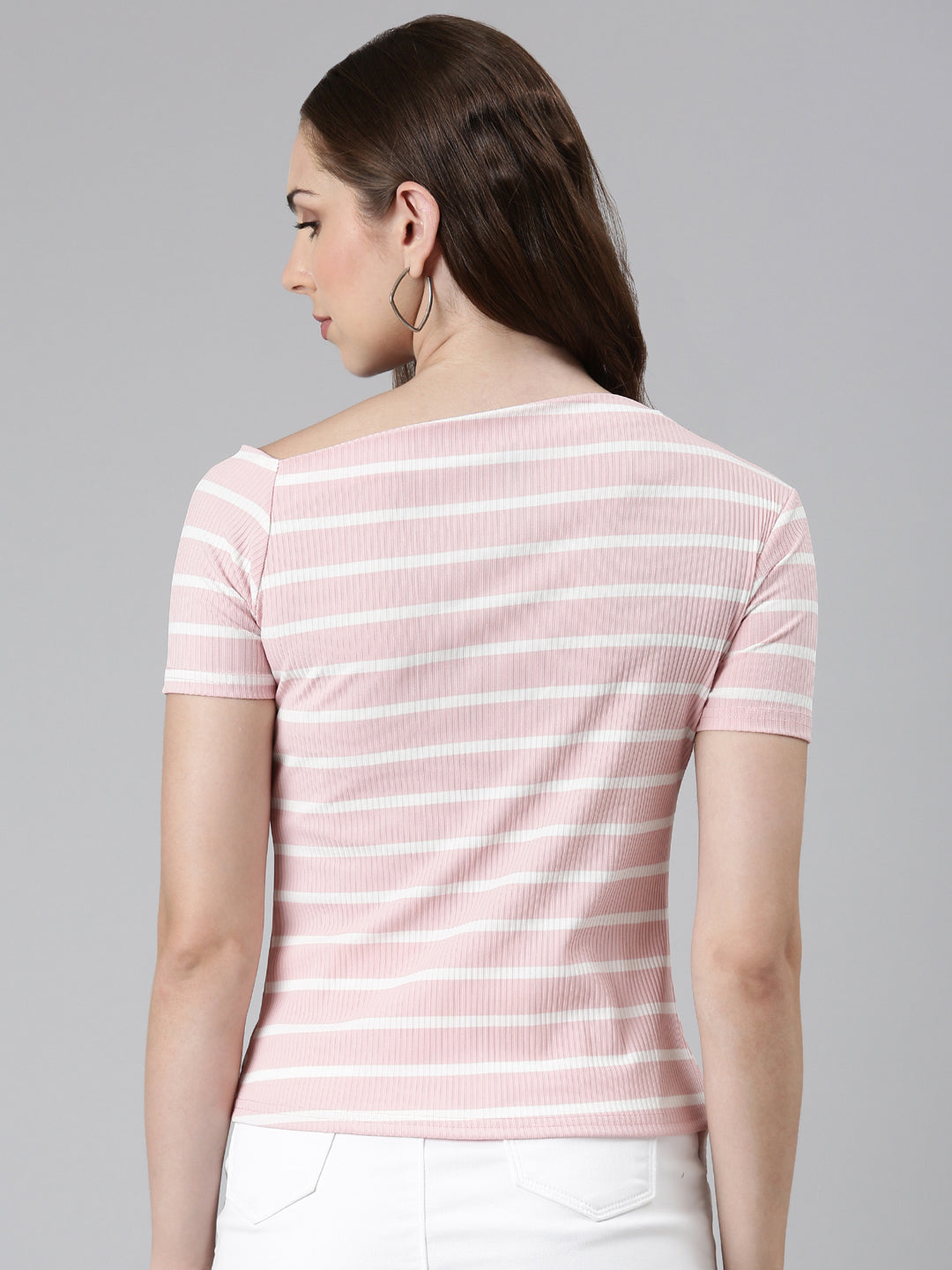 Women Boat Neck Regular Sleeves Horizontal Stripes Pink Regular Top