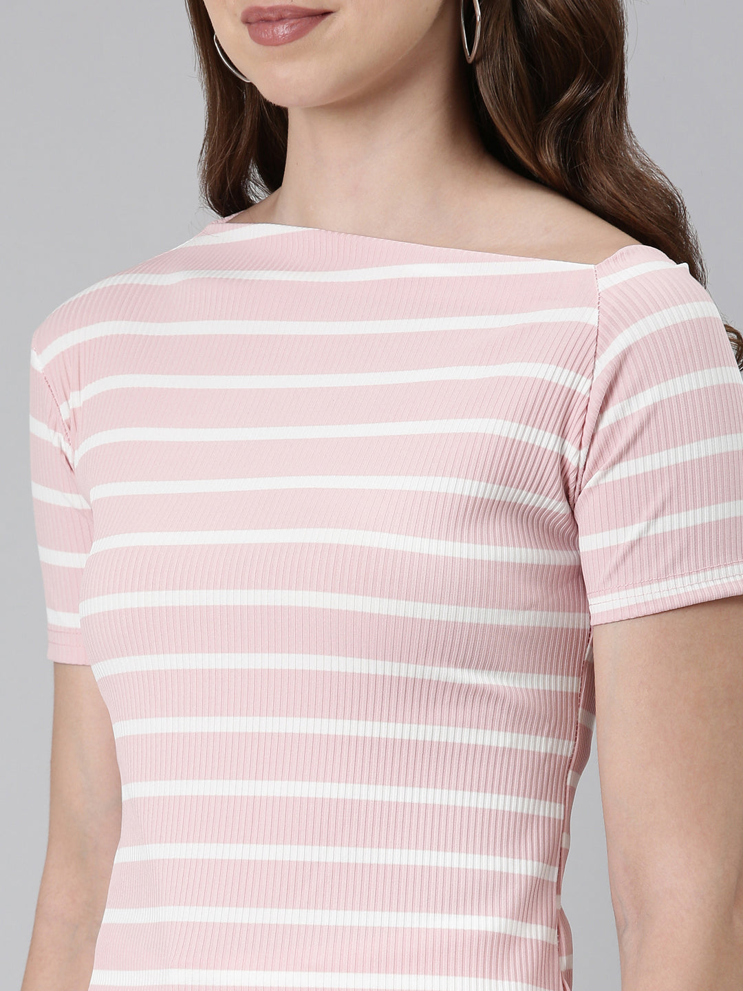 Women Boat Neck Regular Sleeves Horizontal Stripes Pink Regular Top