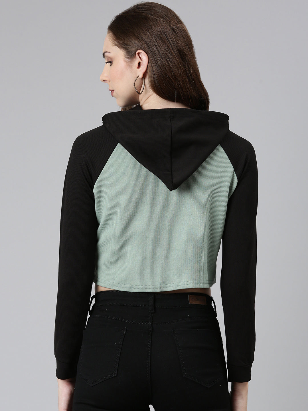 Women Sea Green Colourblock Crop Sweatshirt