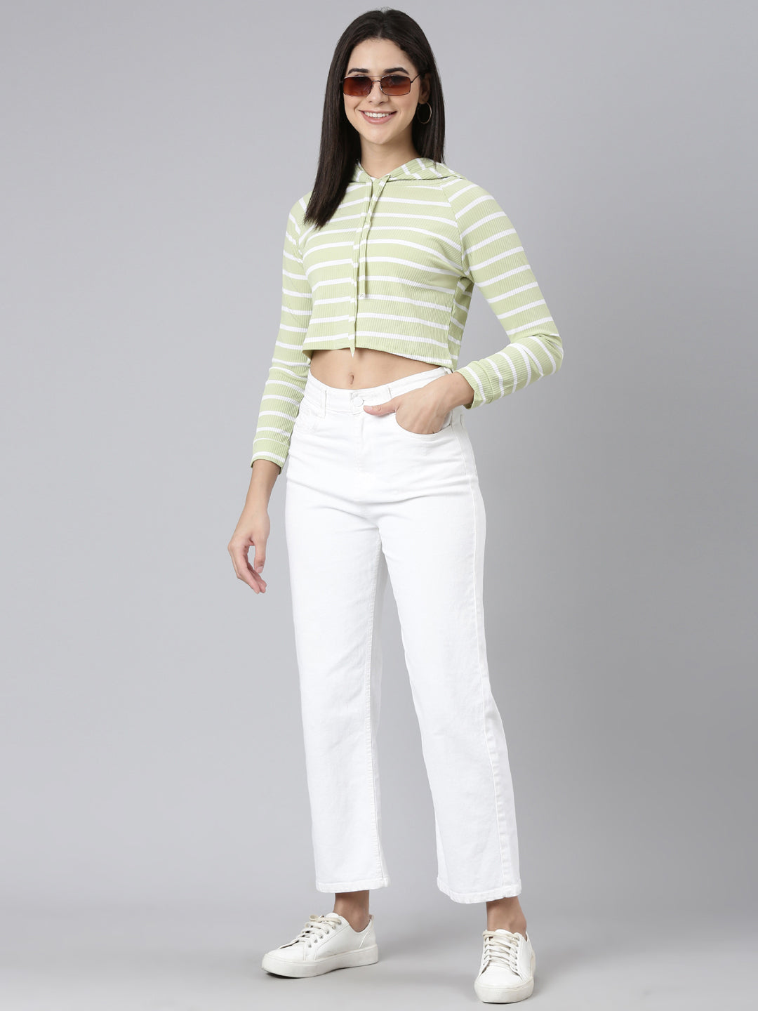 Women Olive Colourblock Crop Sweatshirt