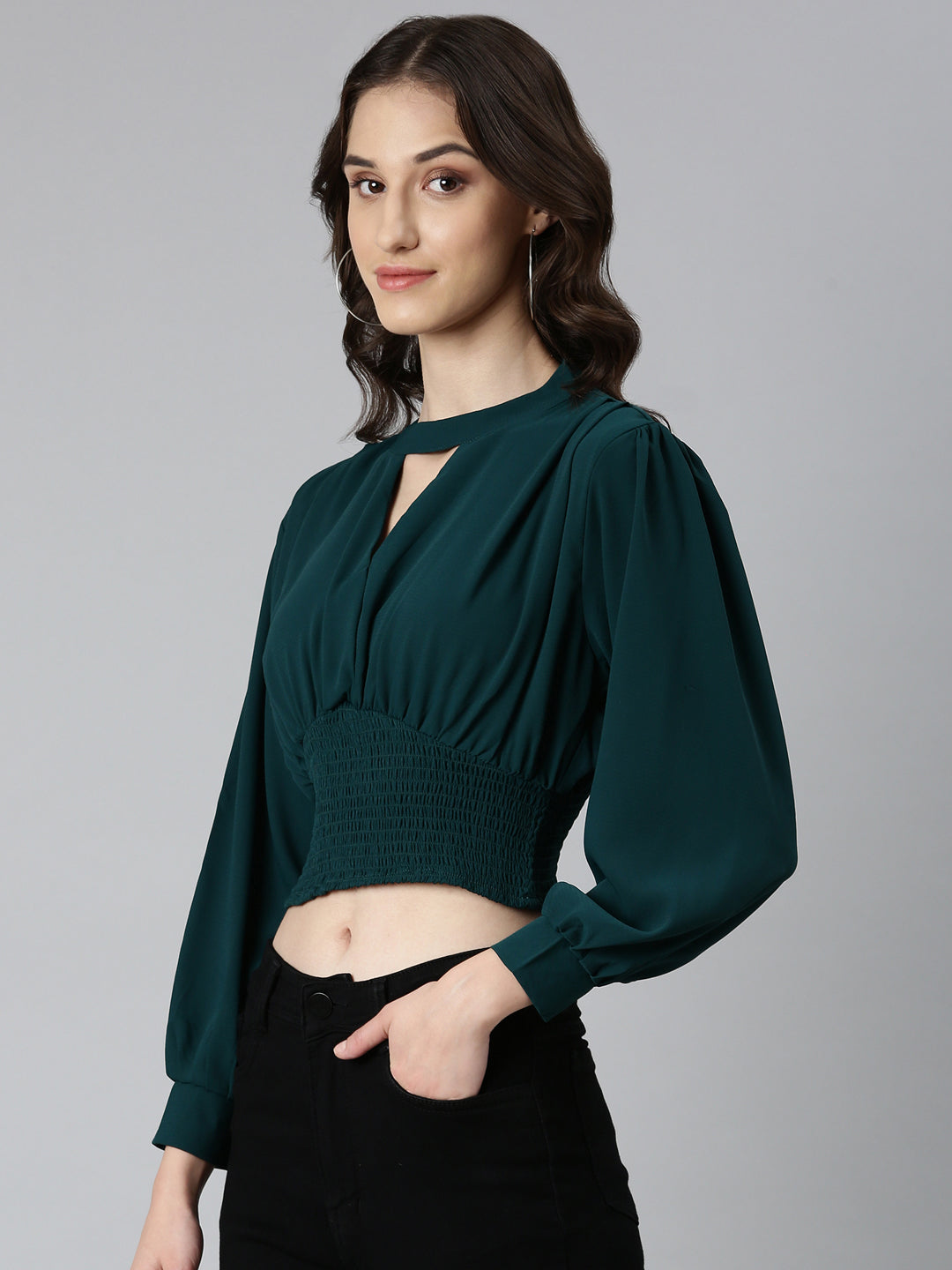 Women Green Solid Blouson Crop Top